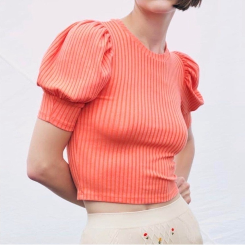 ZARA Puffed Sleeve Ribbed Knit Top Size S Cropped Orange NWT